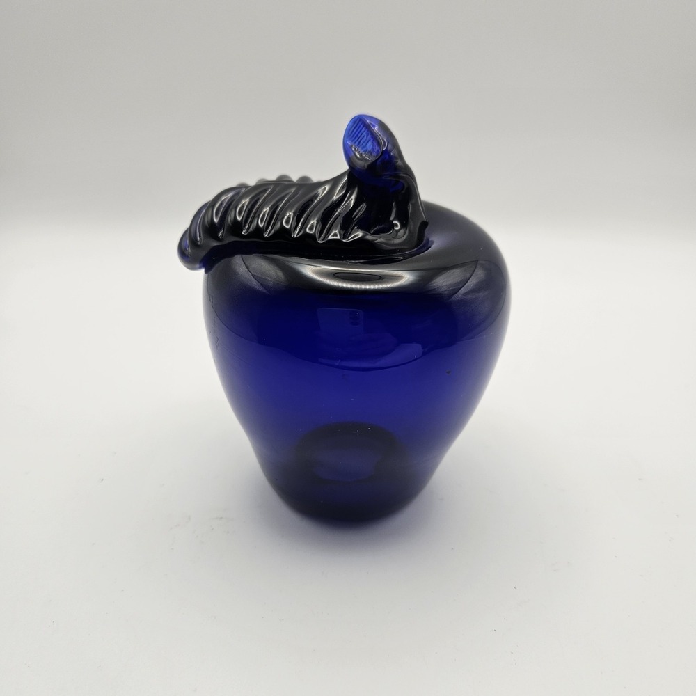 Vtg JW Shelton Hand Blown Cobalt Blue Apple Art Glass Williamsburg VA Signed